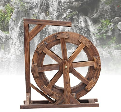 Wasserrad Brunnen Dekorative Wasserfall-Funktion für Gartenteich und Steingarten, Holzwasserrad mit Halterung (25 x 19 x 32 cm)