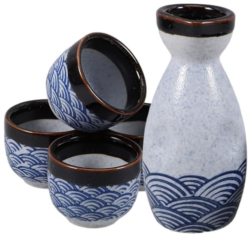 GALPADA Japanese Sake Set, Ceramic Sake Pot with 4 Cups, Traditional Serving Set for Home Bar Entertaining and Tea Party, Sea Ripple Design, Pot 5. 28 x 1. 97 in