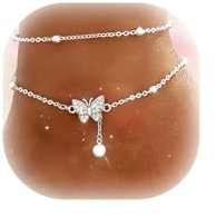 QttvbTna Bracelets de cheville en argent pour femme - Bracelet de cheville réglable pour femme - Papillon - Étanche - Réglable - Chaîne de pied délicate pour la plage - Été
