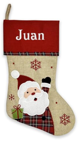 Amikado Personalisierter Weihnachtsstiefel aus Filz – Bestickt mit Namen – 42 cm – Leinenoptik mit roter Klappe – 3 Designs – Nikolausstiefel für Kamin & Baum – Weihnachtsmann