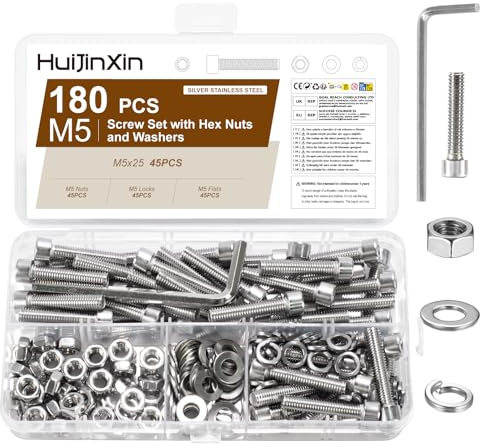 180 Stück M5 x 25 mm Schrauben Set,Innensechskant Schrauben Muttern Set,Edelstahl Zylinderschrauben mit Muttern Sets,Sechskantschrauben Unterlegscheiben Sortiment,Maschinenschrauben Gewindeschrauben