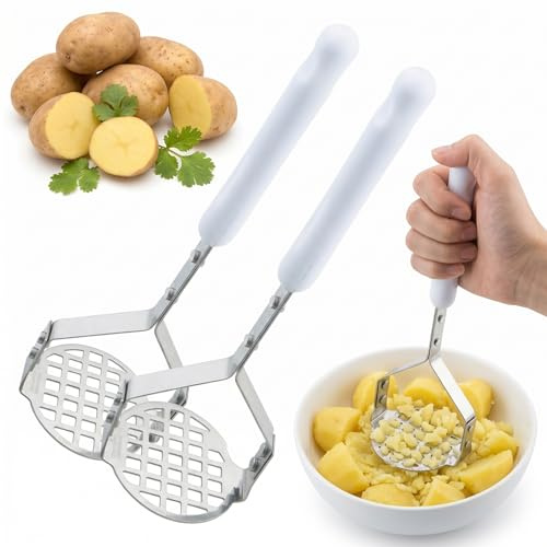 Veemoon Schiacciapatate in acciaio inox con manico bianco, 2 pezzi, schiacciapatate per uso in cucina, schiacciapatate manuale e cottura