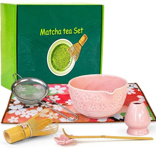 Matcha Set Rosa, 7 Stück Matcha Besen Set mit Keramik Schale, Bambus-Schneebesen, Bambusbesen, Teelöffel, Keramiklöffelhalter, Matcha-Sieb & Zubehör, Perfekt für Matcha-Liebhaber