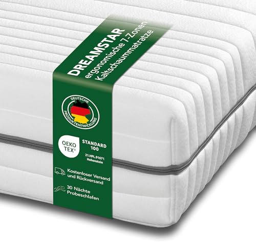DREAMSTAR Kaltschaummatratze Vital Silber XXL 24 cm hoch | Ergonomische 7-Zonen Matratze 120x200 cm H4 | Hypoallergen & Antibakteriell | Bezug abnehmbar & waschbar | Öko-TEX® | (24cm, 120 x 200 cm)