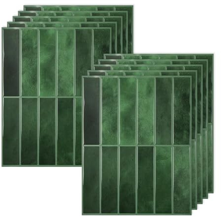 JurciCat 10 Pièces Credence Adhesive pour Cuisine Auto-Adhésif Sticker 3D Dalle Adhesive Murale Imperméable pour Salle Bain Décoration Murale Décoration Intérieure 22,9 x 29 cm Vert Foncé