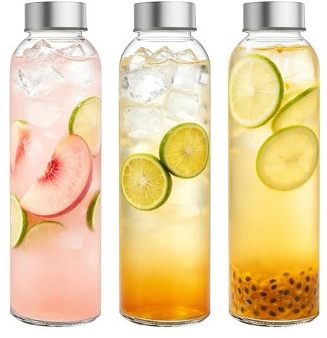 Wieat Glass Bottles with Lids, 500ml Glass Water Bottle, 3 Pcs Glass Milk Bottles with Lids, Clear Glass Drinking Bottles for Water, Milk, Juice and Smoothies