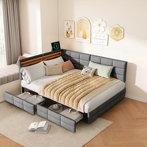 WSOFZMO Schlafsofa 140x200 cm, Einzelbett mit Schubladen, Polsterbett Daybett Tagesbett mit Lattenrost, Jugendbett Bettgestell Multifunktionales, Leinen, ohne Matratze (Leinen grau 140×200)