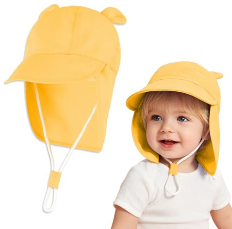 Sombrero de Sol para Bebé Niños, Gorro de Pescador con Protección de Cuello, Correa Ajustable y ala Ancha, 1-2 Años, Amarillo