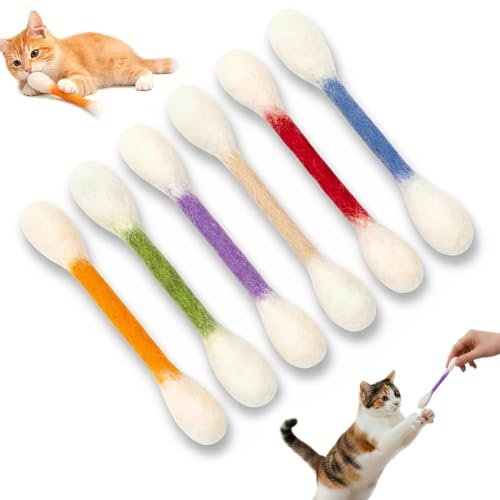 Umllpet Lot de 6 cotons-tiges d'herbe à chat pour chaton, jouets à mâcher en flanelle douce avec herbe à chat naturelle, jouets interactifs contre l'ennui et l'agitation chez les chatons