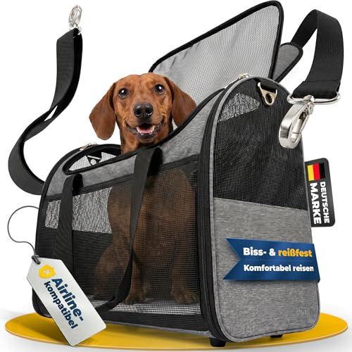 Transporttasche Hund & Katze Flugzeug 55x40x23 [Faltbar & Kratzfest] Tragetasche bis 15kg, Flugtasche Airline-Maße, Transportbox & Katzentasche mit Kofferhalterung, luftdurchlässig | Fester Boden