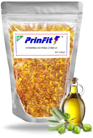 Vitamina D3 2000 UI (50mcg) in Olio Extravergine di Oliva EVO, 250 Perle, Colecalciferolo ad Alto Assorbimento, Integratore Ossa, Denti e Sistema Immunitario - PrinFit