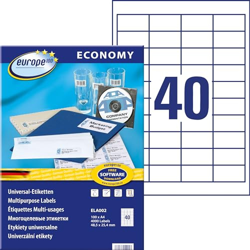 Europe100 Art. ELA002 Universal Etiketten (4.000 Klebeetiketten, 48,5x25,4mm auf A4, Papier matt, individuell bedruckbar, selbstklebende Aufkleber, kompatibel zu AVERY 3657) 100 Blatt, weiß