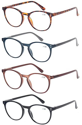 Kerecsen 4 Pack Retro Round Reading Glasses Men Women Spring Hinges Lightweight Quality Readers (2.5,Black Tortoiseshell Blue Brown)