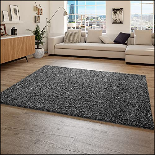 Paco Home Hochflor Teppich Wohnzimmer Shaggy Langflor Modern Einfarbig Ohne Muster, Grösse:140x200 cm, Farbe:Anthrazit