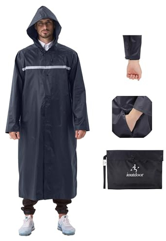 iOutdoor Products Ponchos Pluie Imperméable Réutilisable Long XL 2XL 3XL,Imperméable Respirant Léger avec Capuche et Manches,Manteau de Pluie Femmes Adultes Hommes Junior (Marin Amélioré, 3XL)