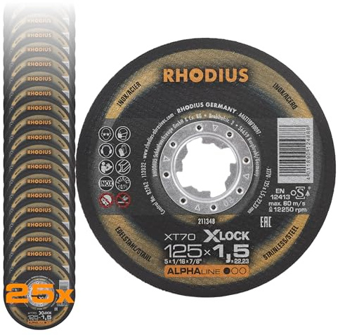 RHODIUS XT70 X-LOCK Metall Trennscheibe, 125 x 1,5 x 22,23 mm, 25 St. | Für Edelstahl & Stahl, Made in Germany, schnelle und präzise Schnitte, gute Standzeit, für X-LOCK Winkelschleifer, ALPHAline