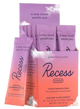 Recess Mood Powder, Calming Magnesium L-Threonate Blend with Passion Flower, L-Theanine, Electrolytes, Magnesium Calm Support Supplement - Gradient Berry Pack of 10