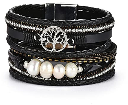 Cupimatch Bracelet Arbre de Vie Manchette Cuir Multicouche Style Bohémien avec Boucle Magnétique,Bracelet Tressés pour Femmes Épouse Mère,3 Couleurs au Choix