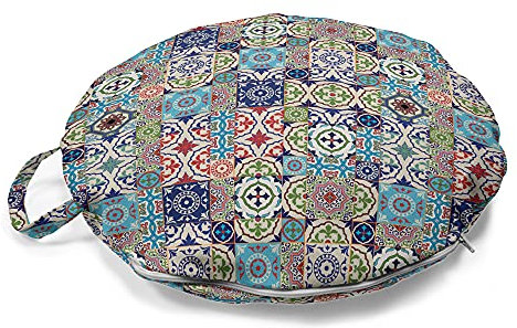 ABAKUHAUS marokkanisch Rundes Bodenkissen mit Griff, Komplexe Floral Design, dekoratives Kissen für Wohnzimmer & Schlafsäle, 45 cm, Mehrfarbig