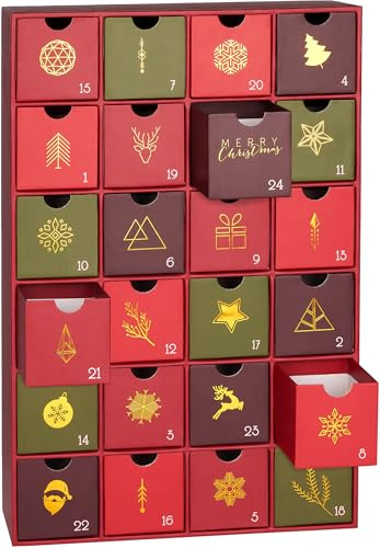 BRUBAKER Calendario de Adviento para Rellenar - Tradicional Navidad Rojo Verde - Calendario de Navidad DIY con 24 Puertas para Vales, Dulces y Otras Sorpresas - 39 cm de Altura de CartóN