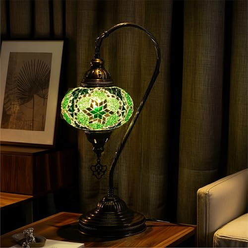 Mozaist Moroccan Mosaic Tiffany Style Desk Lamp, Turkish Stained Glass Handmade Bedside Gooseneck Table Lamp, Bohemian Living Room Vintage Light with E12 Socket & US Plug (Dark Green)