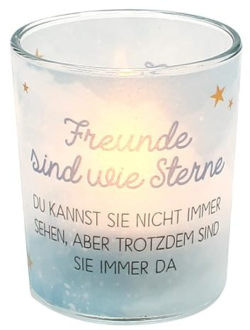 Windlichtglas mit Motiv auf Einer transparenten Banderole, inkl. 1 Teelicht, H/Ø: 6,5 x 6 cm, Motiv: Freunde sind wie Sterne.