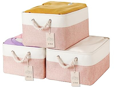 JUNLAI 3 Stück Aufbewahrungskorb Stoff mit Griffen, Faltbare Aufbewahrungsboxen, Kleiderschrank Aufbewahrungskörbe für Büro & Haus, Buch, Kleidung, Spielzeug (Rosa Weiß, Mittel)