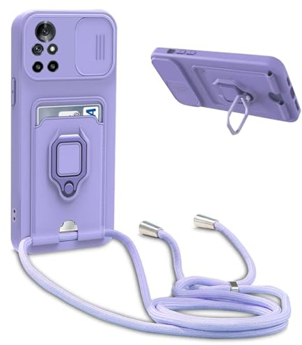 Beajew Funda para Motorola Moto G22, Cubierta de Cámara Deslizante Proteger, Anillo Soporte magnético de Hierro+Ranura para Tarjeta, Ajustable Collar Carcasa de Silicona - Morado
