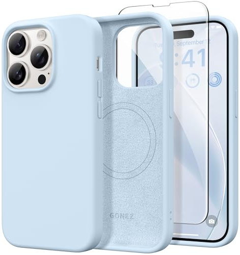 GONEZ for iPhone 14 Pro Case, Compatible with Magsafe, with Screen Protector + Camera Lens Protector, Soft Anti-Scratch Microfiber Lining, Shockproof Liquid Silicone Phone Cover, Blue | Compatible with MagSafe, Camera Button & Screen Protector, Microfiber Lining, 3 Layers Soft Gel Rubber Shockproof Slim 6.1