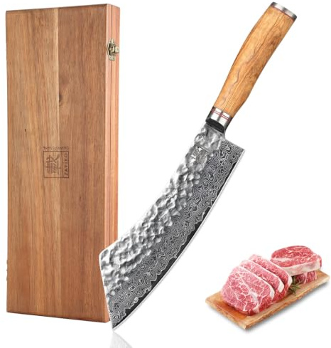zayiko Minami Blockmesser Hakata Bocho 22,5 cm, Damastmesser aus 67 Lagen Damaststahl mit VG10 Kern, Hammerschlag, Olivenholzgriff, Küchenmesser für Fleisch, Gemüse und Grillgut, in Holzbox