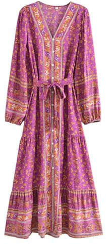 Waterlily Boho Maxi Dress Summer Dresses for Women Long Sleeve Floral Casual Buttons Hippie Bohemian Flowy UK