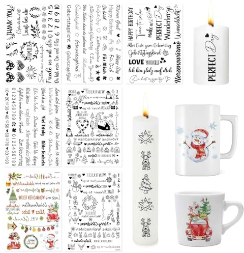 GWAWG 7 Stück Weihnachten Kerzentatoo Weihnachten Kerzenfolie Kerzen Sticker Weihnachten Mehrfarbig Weihnachtsmann Text Niedliche Muster