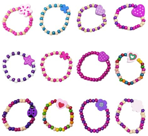 NyxSeat 12 Bracelets en Bois pour Enfants - Bijoux en Perles Multicolores pour Filles - Ensemble de Cadeaux de Fête
