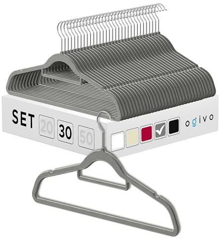 OGIVO Samt Kleiderbügel - 30er Set - rutschfest Bügel für Ihren Garderobe - kleine Stange für Krawatten - Haken um 360° drehbar - Einkerbungen im Schulterbereich - Hangers Clothes (Grau)