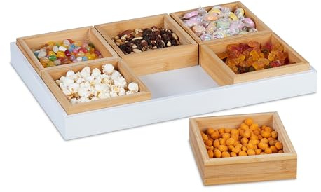 Relaxdays Juego Bandeja de Aperitivos, con Plato para Servir, Bambú, 6 Cuencos, Patatas, Frutos Secos y Dulces, Natural/Blanco, 5,5 x 47 x 32,5 cm