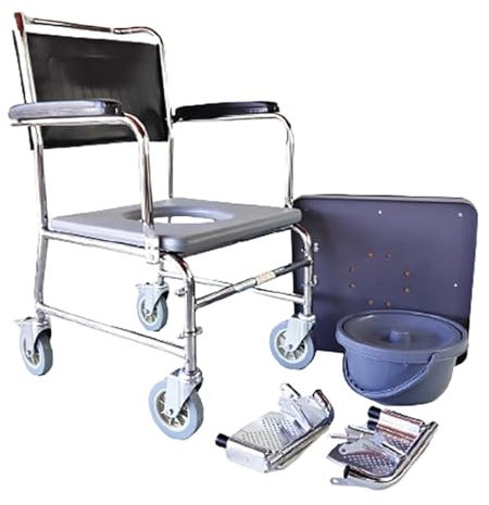 Dusch Toilettenstuhl Fahrbar Nachtstuhl,Commode Toilet Chair for Bedroom,Rollstuhl mit Toilette,Toilettenstuhl,Armlehnen können angehoben werden,Die Fußstütze ist klappbar A