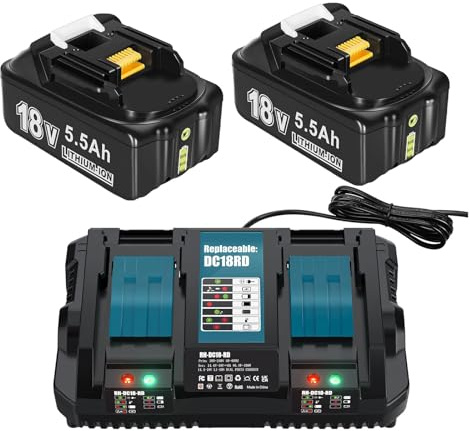 2X 18V 5,5Ah Ersatzakku für BL1860B + 6A DC18RD Dual Port Ladegerät Kompatibel für Akku 18V BL1860 BL1860B BL1850B BL1850 BL1840B BL1830B LXT-400
