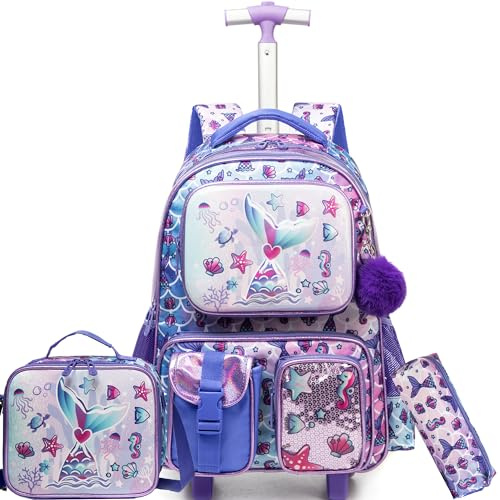 HTgroce Kinder Trolley Rucksack Meerjungfrau Schultasche Schulranzen Mädchen schultrolleys Schulrucksack Kinderkoffer ab 7 jahren