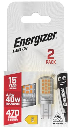 Energizer G9 LED Light Bulb. 4.2W (40w Halogen Equivalent) 220-240V. 470 Lumens. Bi-Pin Base Energy Saving. 2 Pack. Warm White 2700k