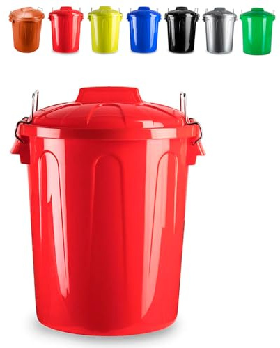 Tradineur - Cubo de basura de plástico - Incluye tapa y asas metálicas - Fabricado en España - Contenedor de residuos - Capacidad de 70 Litros - 66,5 x 50 x 50 cm - Color Aleatorio