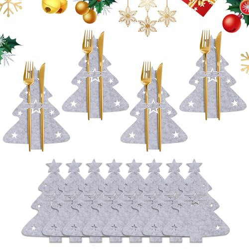 Figarge 12 Stück Weihnachten Besteckhalter Weihnachtsbaum Bestecktasche Filz Besteckbeutel Weihnachten Gabeln Löffel Besteck Halter Taschen Weihnachten Tischdeko für weihnachtstischdekoration (Grau)
