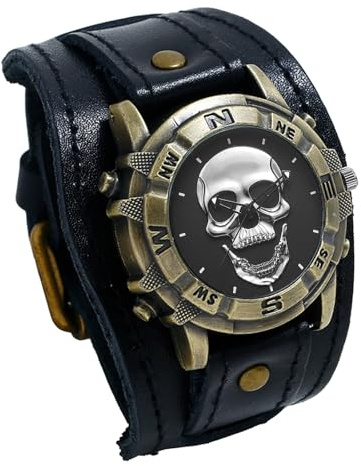 JewelryWe Montre Homme Cuir Crâne: Montre Homme Bracelet Cuir Large avec Cadran Tête de Mort Bronze Vintage Gothique Punk Biker Montre Poignet de Force Manchette Analogique Quartz - Cadeau Halloween
