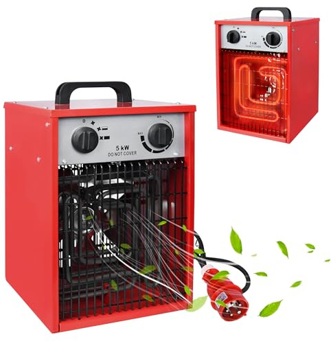 PEILU 5kW Elektrische Heizgeräte Heizlüfter mit 4 Einstellbarer Heizstufen Garten Elektroheizkörper Outdoor Elektroheizung Überlastschutz Elektroheizer mit Handgriff für Werkstatt Garage (Rot)