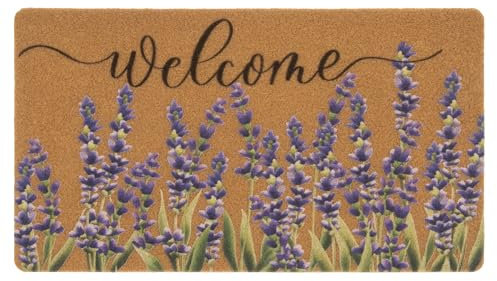 Felpudo de bienvenida con flores de lavanda para puerta delantera, tapete de entrada para interiores y exteriores, antideslizante, de fibra de coco, 17 x 29 pulgadas