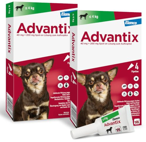 Advantix Spot-on für Hunde bis 4 kg gegen Zecken, Flöhe, Mücken, 8 Pipetten | Wehrt Zecken, Mücken & Stechfliegen ab, bevor sie stechen. Tötet Flöhe schnell ab. Idealer Reiseschutz für deinen Hund.
