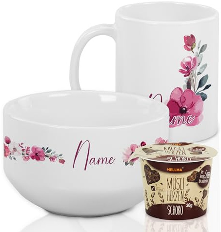 GRAZDesign Blumen Müslischale mit Tasse Set mit Namen personalisiert Frühstückset Geschirr aus Keramik inkl. Geschenkbox und Müsli