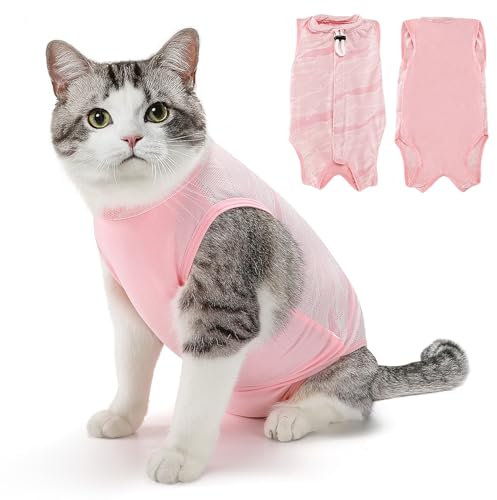 Eyein Katzenbody nach OP, Atmungsaktiver bequemer Erholungsanzug Anti-leckende Katzen-Operationsanzug mit Mesh Design für Katze Body Operation - Katzen Kätzchen E-Halsband Alternative (Hellrosa, M)