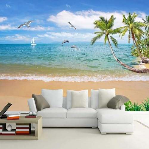 YLLMNOBN Paysage marin d'été dauphin voilier plage cocotier (peler et coller) papier peint mural adapté à la décoration de salon de fond de télévision de chambre à coucher