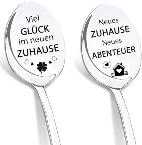 Geschenk zum Einzug, 2 Stück Kaffeelöffel mit Gravur Viel Glück im Neuen Zuhause, Einzugsgeschenke Wohnung für Frauen Männer, Einweihungsgeschenk Haus zum Einzug Neues Haus Richtfest Geschenke