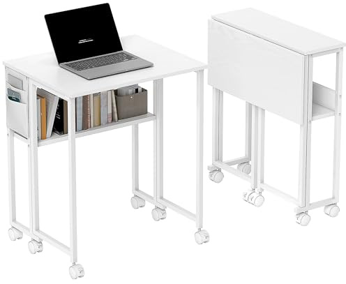 HOMCOM Klapptisch mit Ablagefach und Tasche, 63 cm Faltbarer Computertisch für kleine Räume, platzsparender Schreibtisch auf Rollen für Home Office, Schlafzimmer, einfache Montage, Weiß